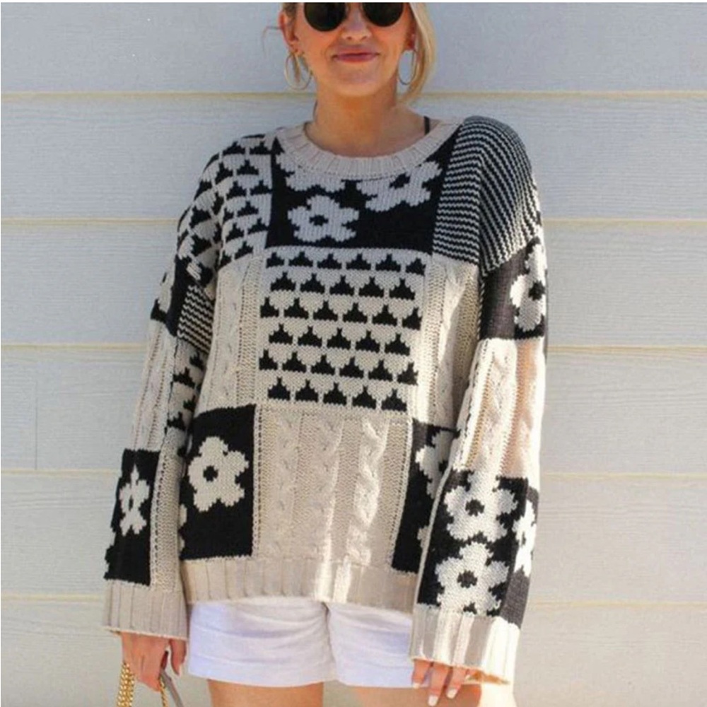 NWT TFY Mixed Knit Patchwork Fisherman Sweater Black and Cream Sz medium
